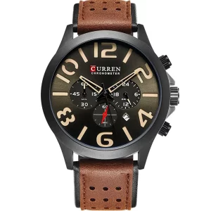 Curren 8244-BLKBRN-BLK Leather Band Men Watch