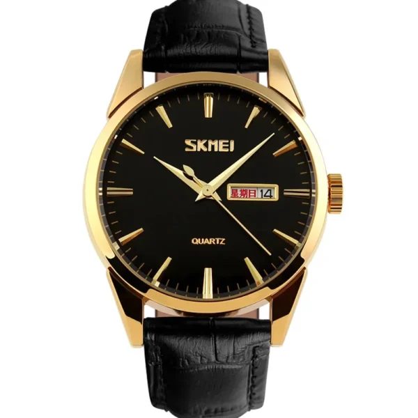 Skmei 9073-GLD-BLK-BLK  Leather Band Men Watch