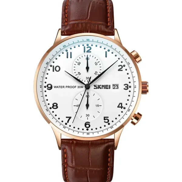 Skmei 9301-RS-BRN-WHT Leather Band Men Watch