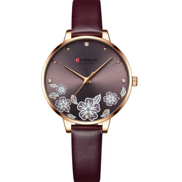 Curren 9068-RS-MRN Leather Band Women Watch