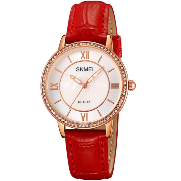 Skmei 2253-L-RS-RED-WHT Leather Band Women Watch