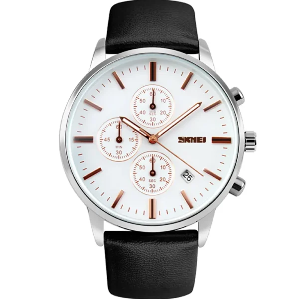 Skmei 9103-G-STP-CHBLK-WT Leather Band Men Watch