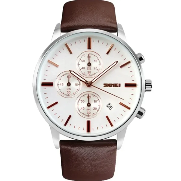 Skmei 9103-G-STP-CHBRN-WT Leather Band Men Watch